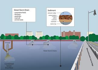 This graphic shows a view of the banks of the River from the Massachusetts Avenue Bridge.  It shows a depiction of storm drains draining into the river and a depiction of how Combined Sewer Overflows connect and overflow into the River.
