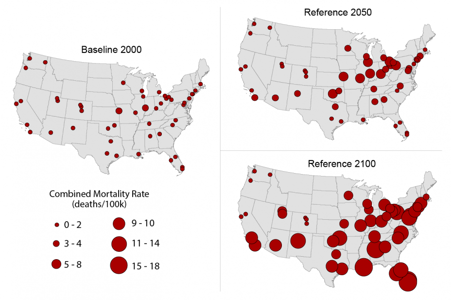 Set of three maps of the U.S. showing the estimated net mortality rate due to extremely hot and cold days under the CIRA Reference scenario for 49 U.S. cities in 2000, 2050, and 2100. 