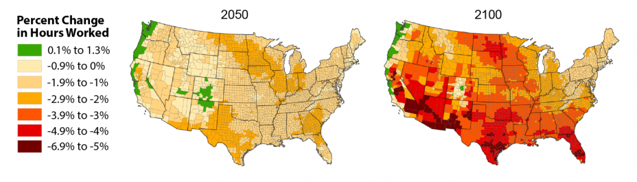 Set of two maps of the U.S. showing the estimated percent change in hours worked from 2005 to 2050 and 2100 under the CIRA Reference scenario. 
