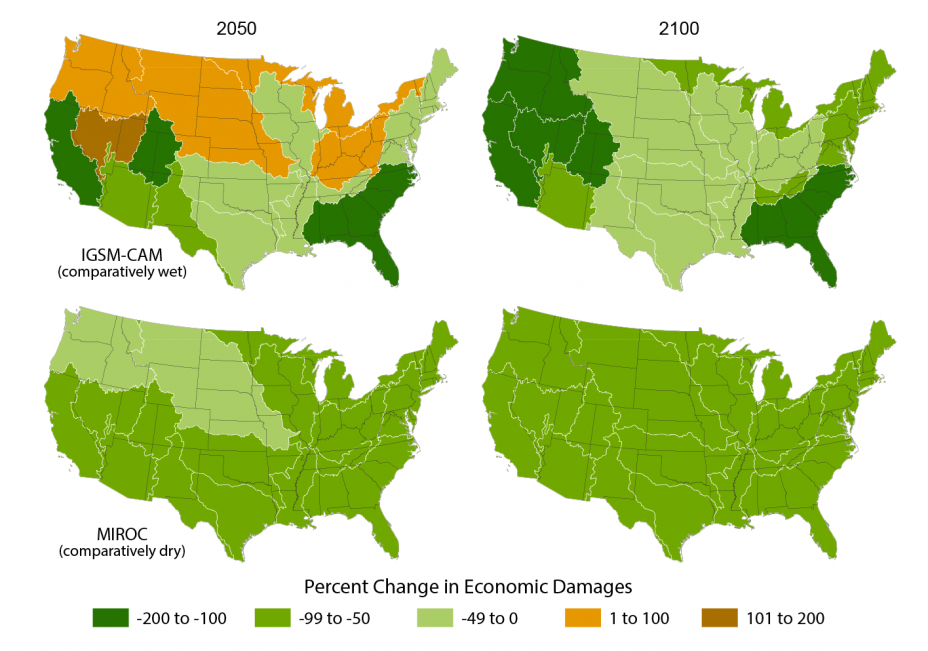 For both models, by 2100, GHG mitigation avoids economic damages across the country. In the IGSM-CAM model, the greatest benefits of GHG mitigation occur in the West and in the Southeast by 2100, while in the MIROC model, the benefits are less varied.