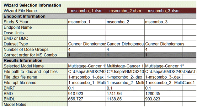 The Wizard Selection Information cells with details on each multitumor file