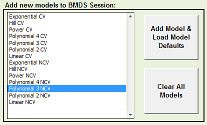 BMDS Wizard displays a list of appropriate models based on the number of dose groups