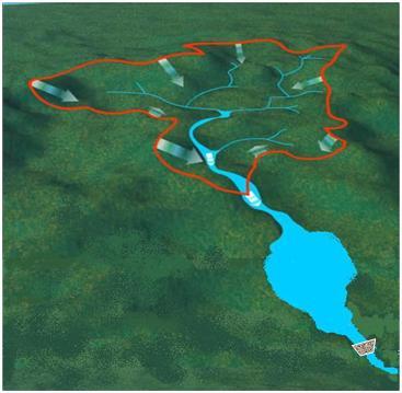 Illustration of reservoir within a watershed.  Arrows show inputs to the reservoir via feeding streams, runoff and spray drift.