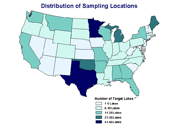 Showing the number of target lakes in each of the lower 48 states.