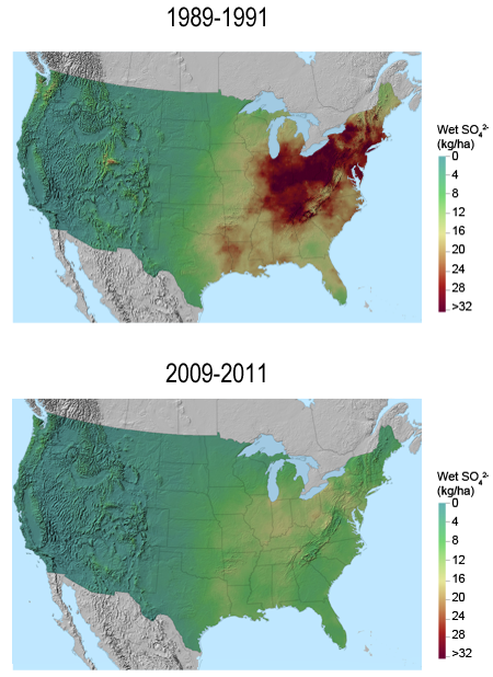 Pair of maps showing progress reducing acid rain  i.e., the change in wet deposition of sulfate (SO4)  between 1989-1991 and 2009-2011