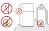 Electrical outlet with a refrigerator plugged in and a gas water heater with open flame source with superimposed red Do Not symbols