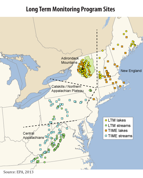 Map showing the locations of TIME and LTM lakes and streams in the northeastern United States.