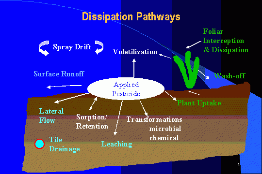 Dissipation pathway diagram includes spray drift,surface runoff, lateral flow, sorption/retention, leaching, transformations-	microbial and chemical, plant uptake, volatilization, wash-off, foliar interception and dissipation, tile drainage