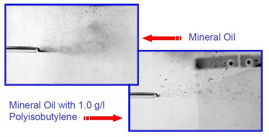 These image compare mist in mineral oil with and without PIB. Adding 1.0 g/l PIB reduces mist in mineral oil.