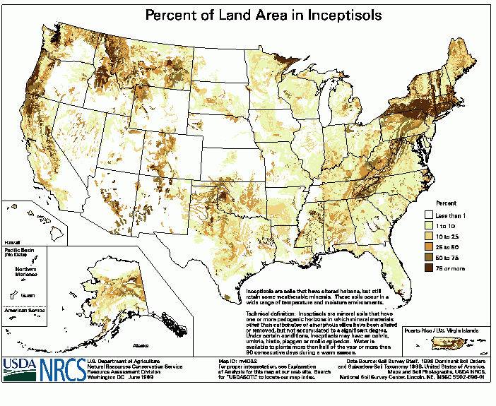 This polygon map shows the percent of land in the Inceptisols soil order in each STATSGO map unit.  Cautions for this Product: There are no data for the U.S. Virgin Islands or the Pacific Basin.