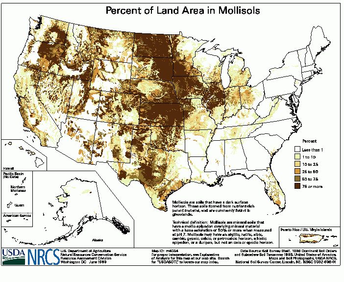 This polygon map shows the percent of land in the Mollisols soil order in each STATSGO map unit.  Cautions for this Product: There are no data for the U.S. Virgin Islands or the Pacific Basin.