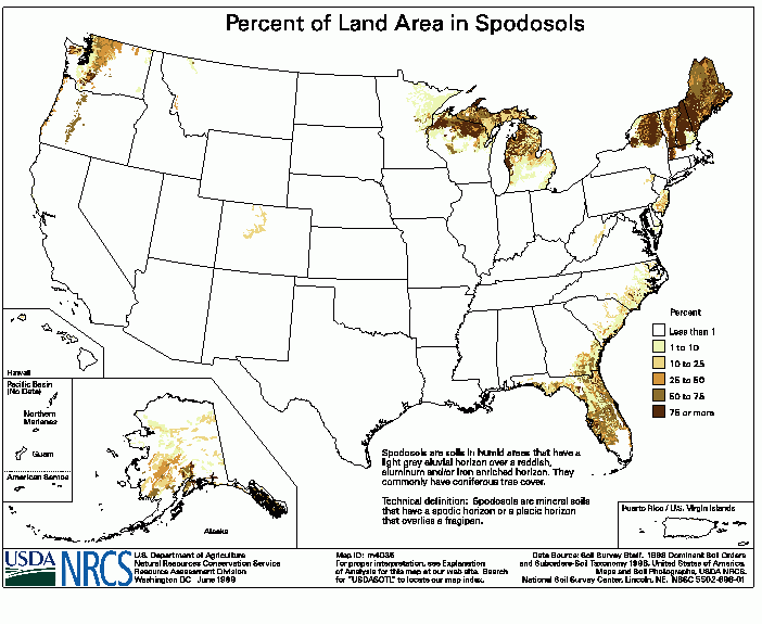 This polygon map shows the percent of land in the Spodosols soil order in each STATSGO map unit.  Cautions for this Product: There are no data for the U.S. Virgin Islands or the Pacific Basin.