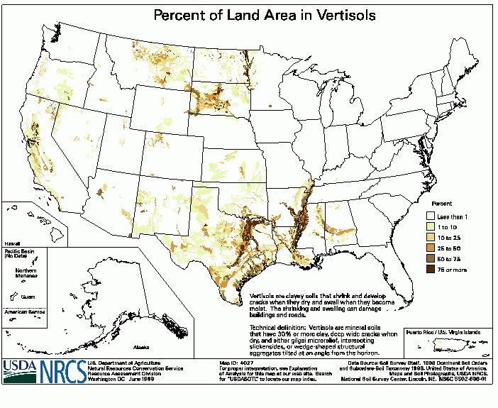 This polygon map shows the percent of land in the Vertisols soil order in each STATSGO map unit.  Cautions for this Product: There are no data for the U.S. Virgin Islands or the Pacific Basin.