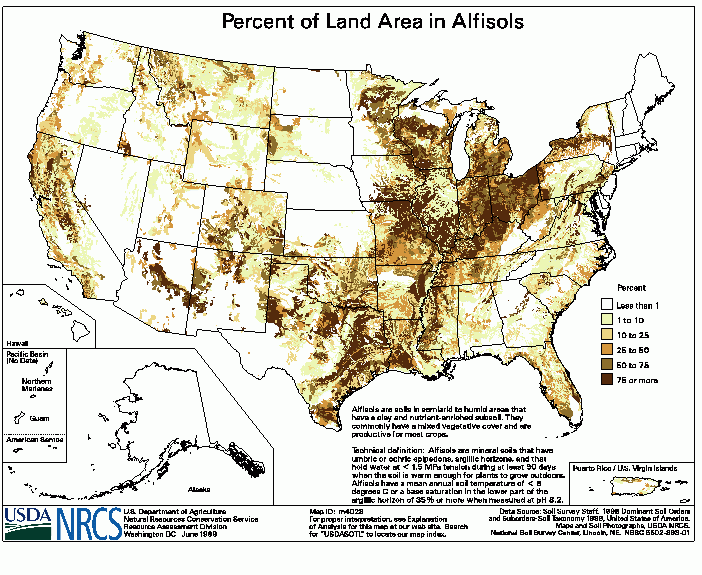 This polygon map shows the percent of land in the Alfisols soil order in each STATSGO map unit.  Cautions for this Product: There are no data for the U.S. Virgin Islands or the Pacific Basin.