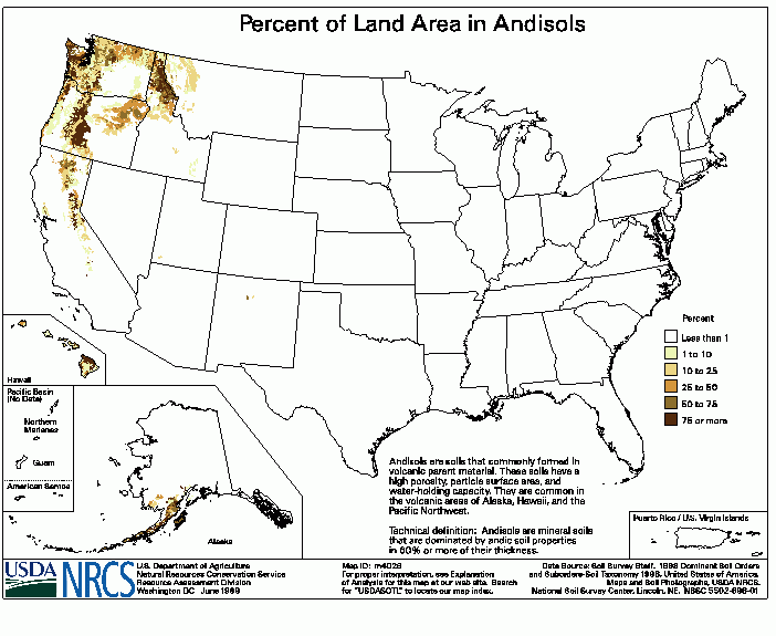 This polygon map shows the percent of land in the Andisols soil order in each STATSGO map unit.  Cautions for this Product: There are no data for the U.S. Virgin Islands or the Pacific Basin.