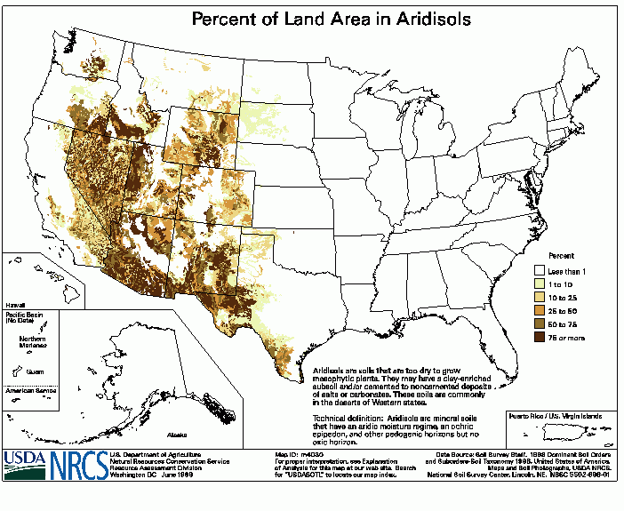 This polygon map shows the percent of land in the Aridisols soil order in each STATSGO map unit.  Cautions for this Product: There are no data for the U.S. Virgin Islands or the Pacific Basin.