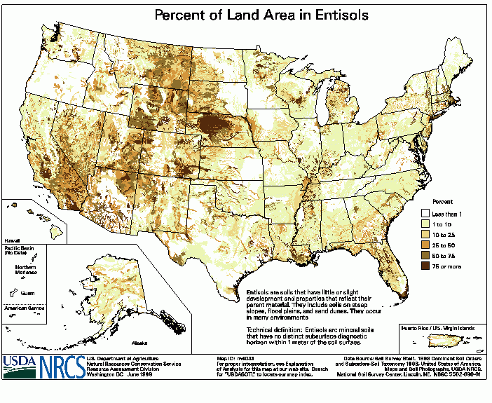 This polygon map shows the percent of land in the Entisols soil order in each STATSGO map unit.  Cautions for this Product: There are no data for the U.S. Virgin Islands or the Pacific Basin. 