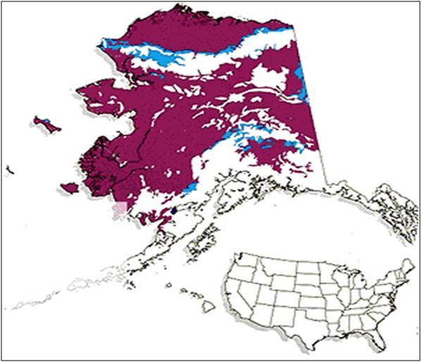 This map shows the distribution of gelisols in Alaska and an inset map of the United States.