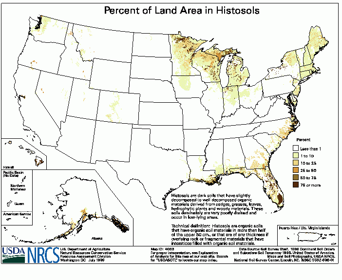 This polygon map shows the percent of land in the Histosols soil order in each STATSGO map unit.  Cautions for this Product: There are no data for the U.S. Virgin Islands or the Pacific Basin.