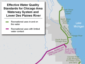 Map of Effective Water Quality Standards for the CAWS and Lower Des Plaines River.