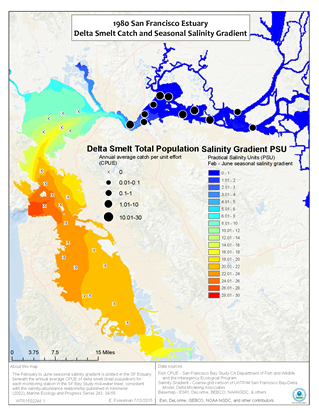 Page from San Francisco Estuary Delta Smelt Catch and Seasonal Salinity Gradient showing data for 1980 - Bay Area watershed map with salinity gradients marked.