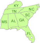 This image shows which states are included in EPA's Region 4: Alabama, Florida, Georgia, Kentucky, Mississippi, North Carolina, South Carolina, Tennessee and 6 Tribes.