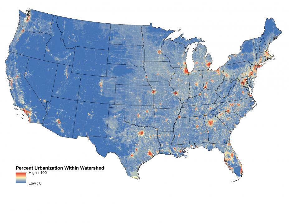 Example of a U.S. map created using StreamCat data on percent urbanization within a watershed