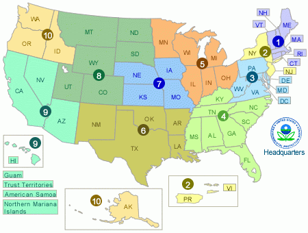 Map of the US, split into EPA regions