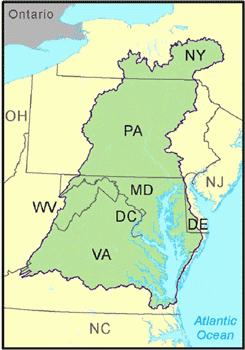 Map of the Chesapeake Bay Watershed. The Chesapeake Bay Watershed includes portions of Delaware, Maryland, New York, Pennsylvania, Virginia, West Virginia and the District of Columbia