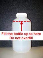 Plastic sample bottle with illustration indicating fill line