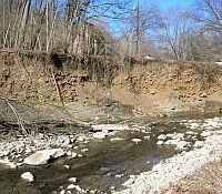 Photo showing a low rocky stream but with a high bank behind showing significant erosion.