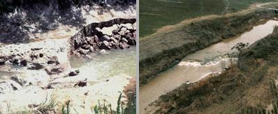 Two photos showing what is referred to as a 'headcut", where a drop in the elevation of the stream is noticeably changed.