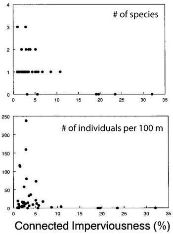 Figure 29. Relationship between % connected imperviousness and coldwater fish species richness and abundance in 33 Wisconsin and Minnesota trout streams. 