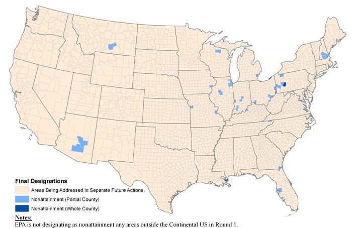 Sulfur Dioxide Designations - Map of EPA Nonattainment Designations