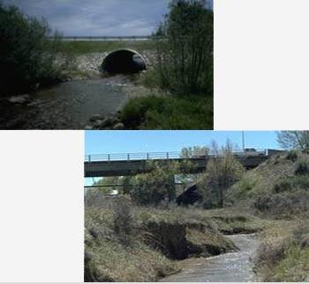 Photo of a culvert (top) and bridge (bottom) road crossings.