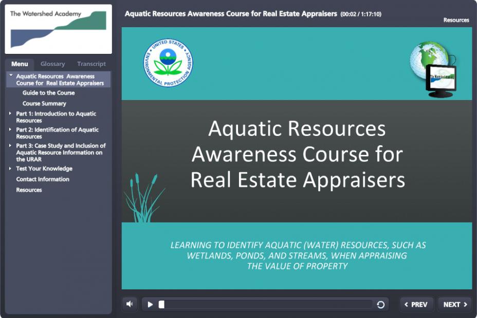 Screen capture from the module entitled Aquatic Resources Awareness Course for Real Estate Appraisers