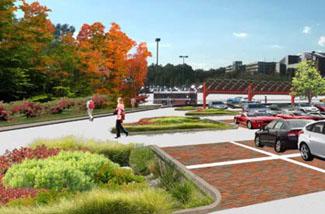 parking lot with rain gardens, bioswales, permeable pavement, solar panels and students walki