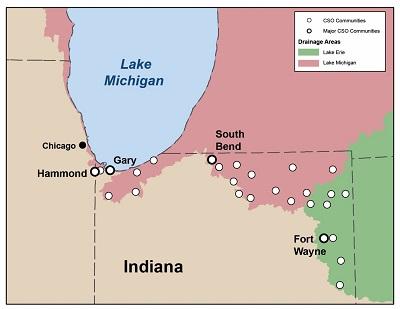 Map of CSO communities in Indiana that drain to the Great Lakes Basin