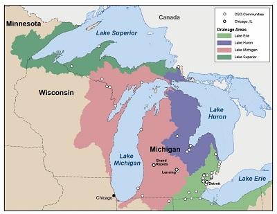 Map of CSOs in Michigan that drain to the Great Lakes Basin