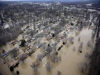 Aerial view of the Missouri houses under flood water.