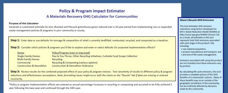 This is a screenshot of the first sheet of the policy and program impact estimator