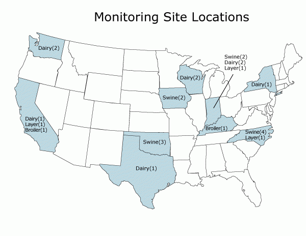 image of the United States showing monitoring site locations