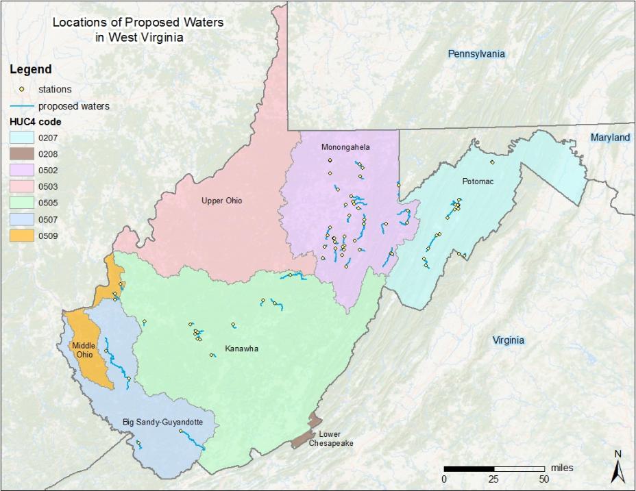 This map shows EPA's 61 proposed waters for inclusions on WV's 2014 303(d) List of Impaired Waters.