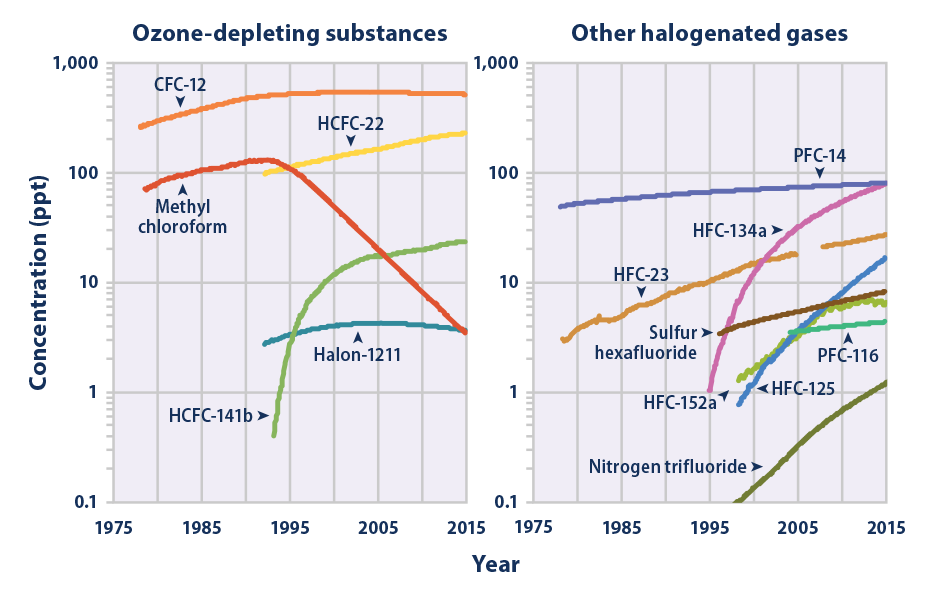 Line graph showing concentrations of various halogenated gases in the atmosphere from 1978 to 2015.