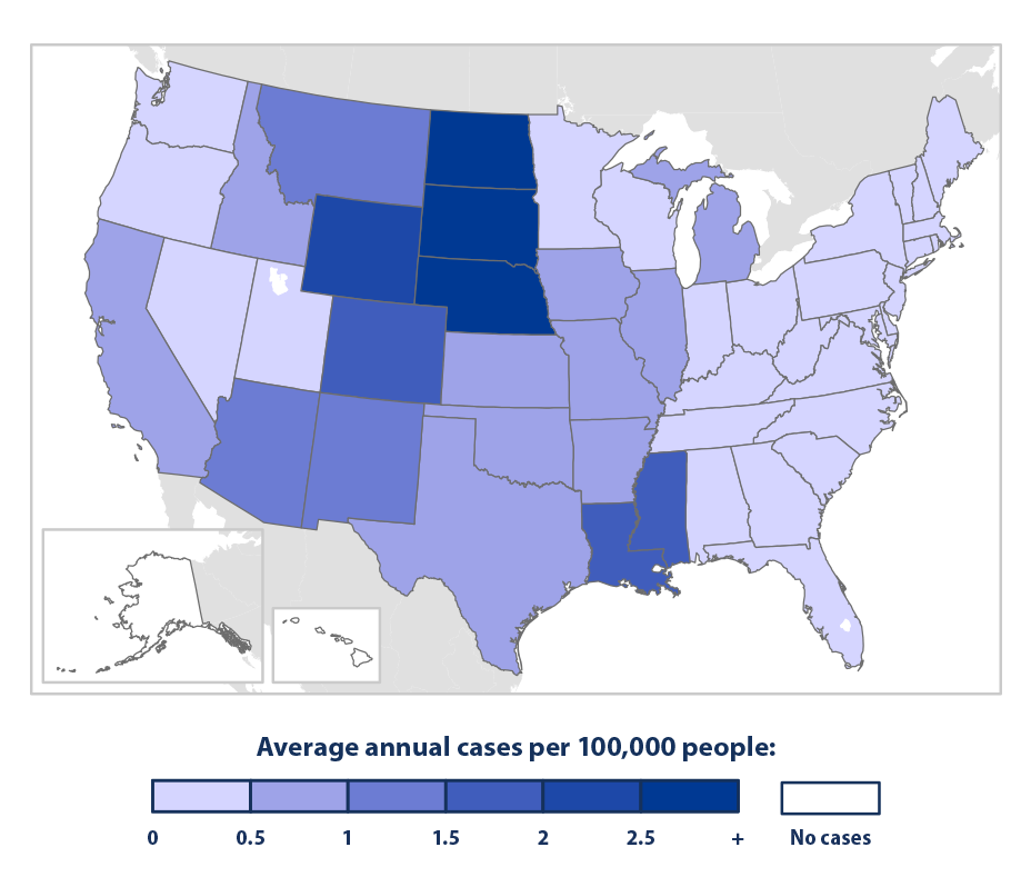 Color-coded map showing the average number of annual cases of neuroinvasive West Nile virus disease by state from 2002 to 2014.