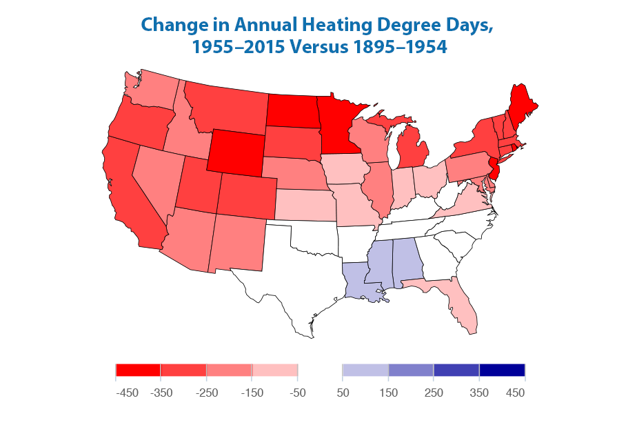 Map showing how the average number of heating degree days per year has changed in each of the contiguous 48 states over time. The map was created by comparing two time periods: 1895–1954 and 1955–2015.