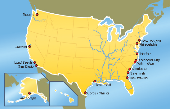 A map of the United States showing the fifteen Strategic Seaports in the U.S.