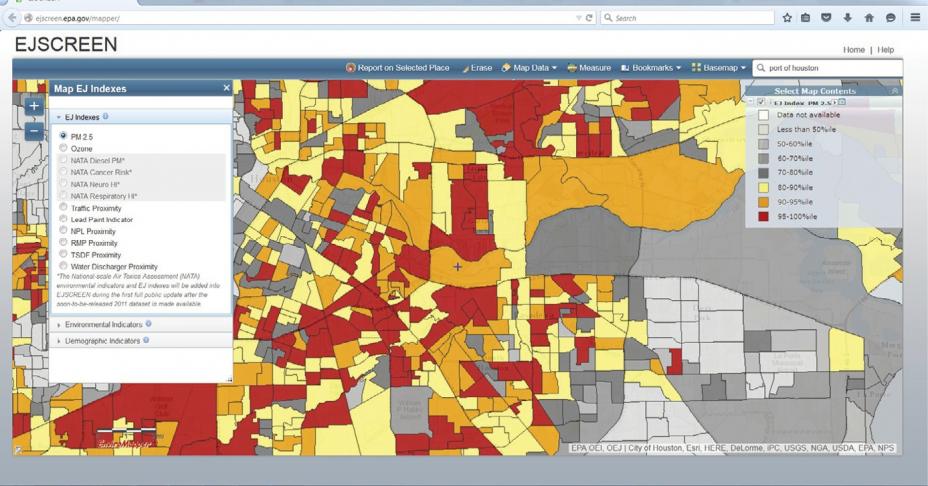 A map from EJSCREEN showing PM2.5 Index data on communities near the Port of Houston.