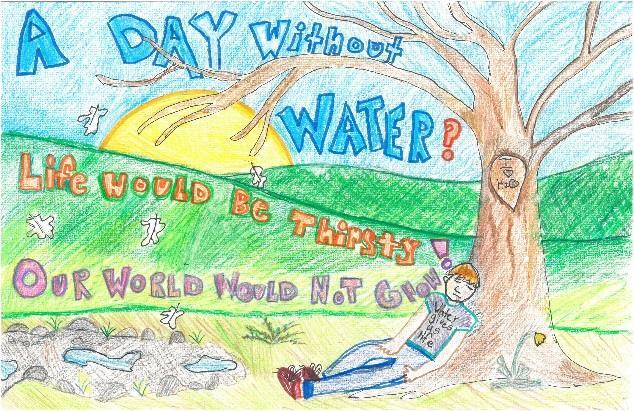 Winning third grade art contest entry showing a boy under a tree lamenting what it would be like without water.  He is saying life would be thirsty and our world would not grow.