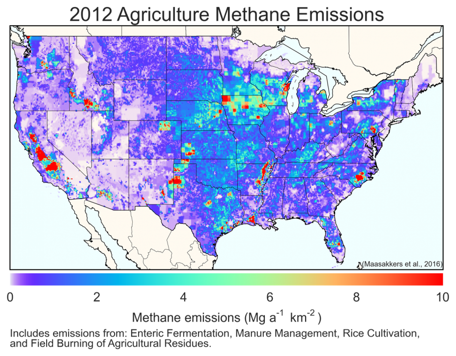 Map of the U.S. displaying all methane emissions included in the National Greenhouse Gas Inventory for agriculture for the year 2012.